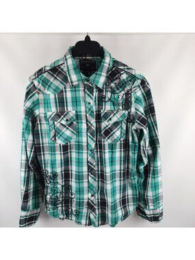 Pop Icon Shirt Mens Large Multi Plaid Western Pearl Snap Embroider L/S Button Up